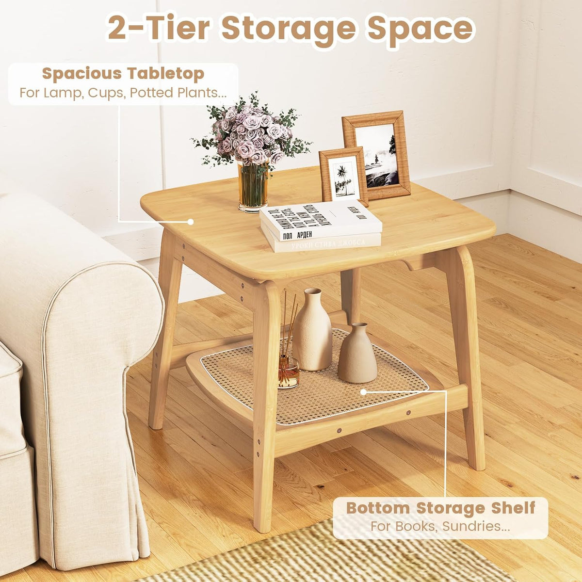 Bamboo Sofa Side Table with Faux Rattan Storage Shelf