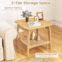 Bamboo Sofa Side Table with Faux Rattan Storage Shelf