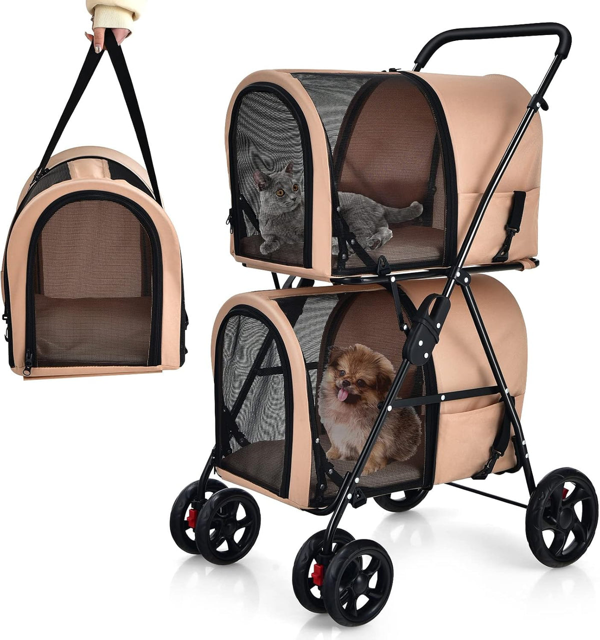 4-in-1 Double Layer Pet Stroller, Foldable Cat Dog Stroller on Wheels w/ 2 Detachable Carriers for Small Medium Sized Pets