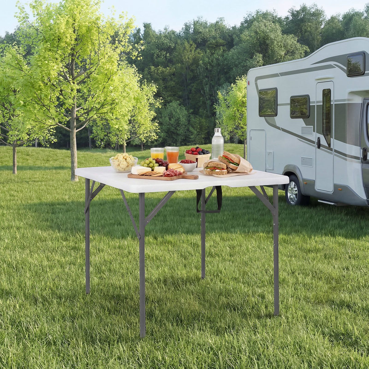 86 CM Square Folding Table with Carry Handle and Metal Legs for Picnic and Party