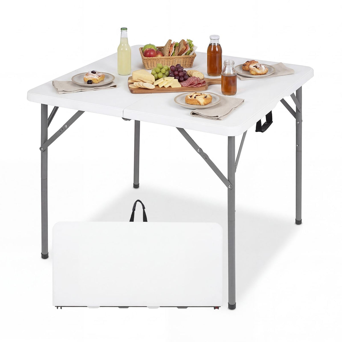 86 CM Square Folding Table with Carry Handle and Metal Legs for Picnic and Party