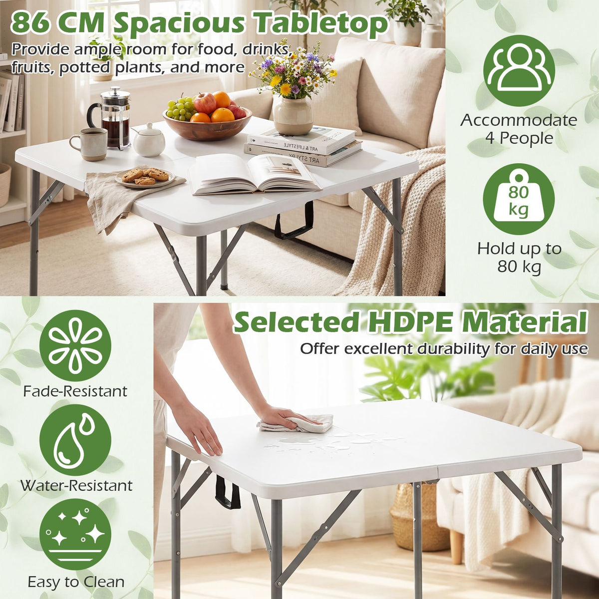 86 CM Square Folding Table with Carry Handle and Metal Legs for Picnic and Party