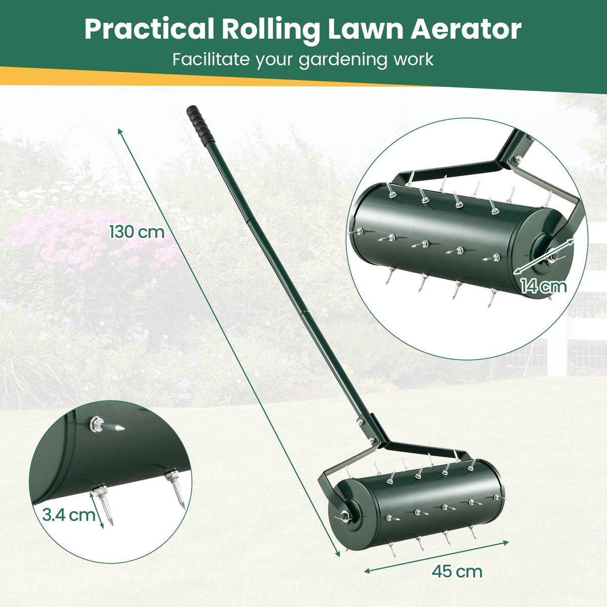 Heavy-Duty Rolling Aerator w/ Lawn Soil Penetrating Spikes & 130 cm Handle