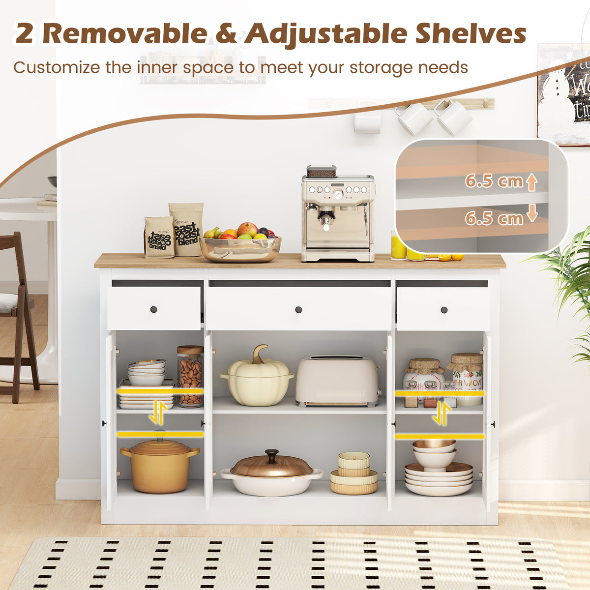 140 cm Large Buffet Sideboard, Kitchen Storage Cabinet with 3 Drawers