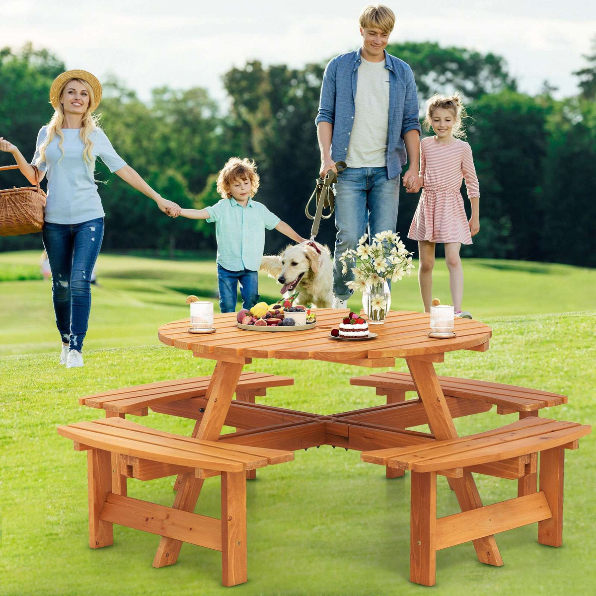 Round Picnic Table Set Patio Dining Camping Table w/ Built-in 4 Benches