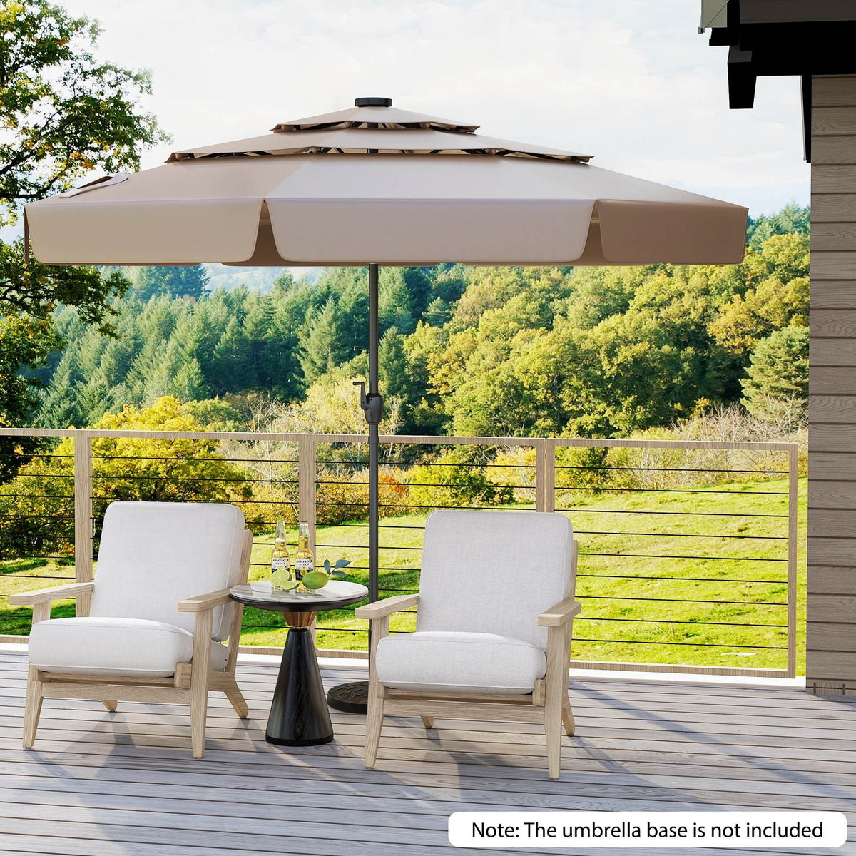 3m Solar Patio Umbrella w/ 32 LED Lights 3-Tier Vented Top Tilt Adjustment Beach