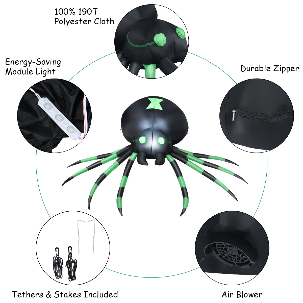 1.8M Halloween Inflatable Spider w/ LED Lights & Powerful Blower
