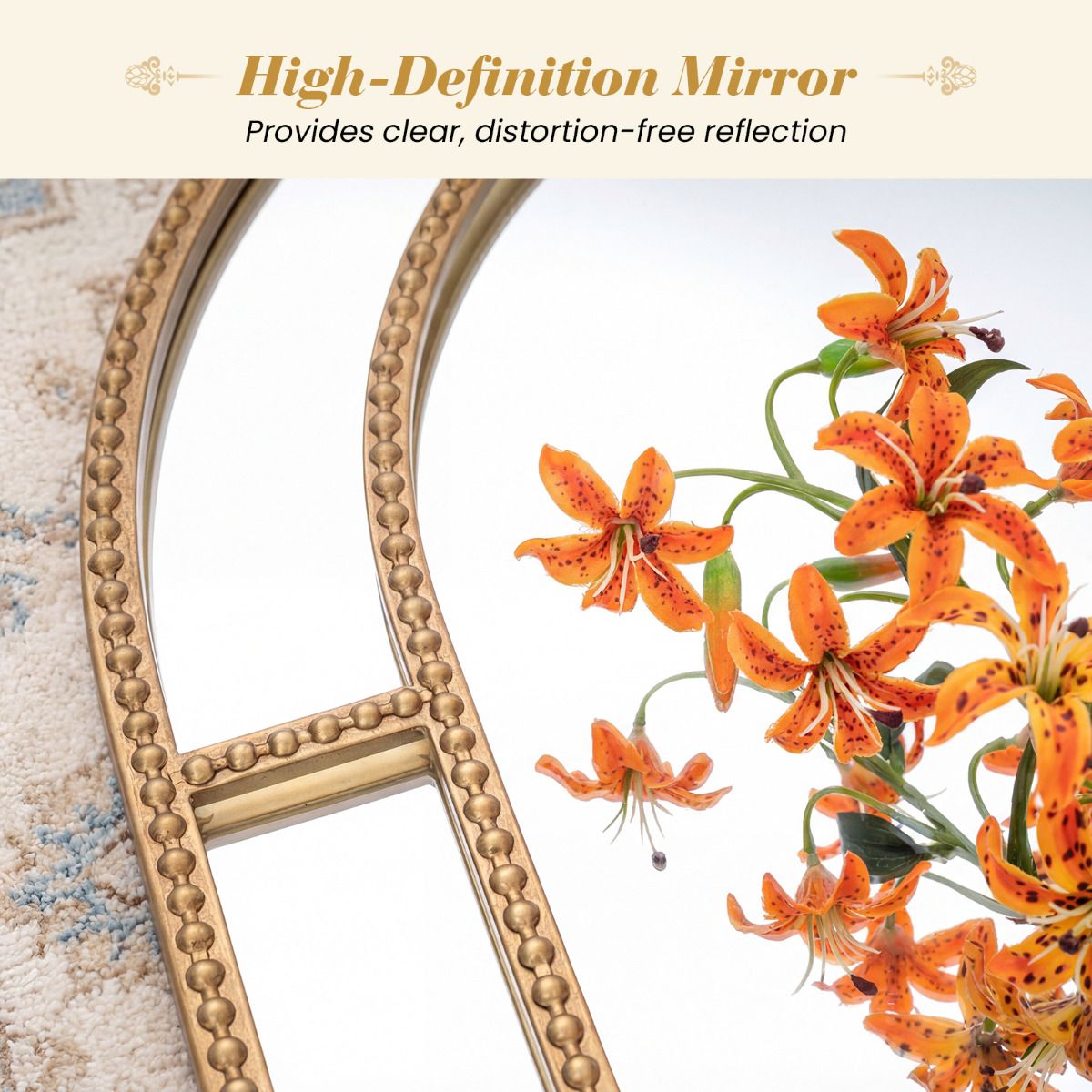90 x 60 cm Gold Arched Wall Mirror with Beaded Frame