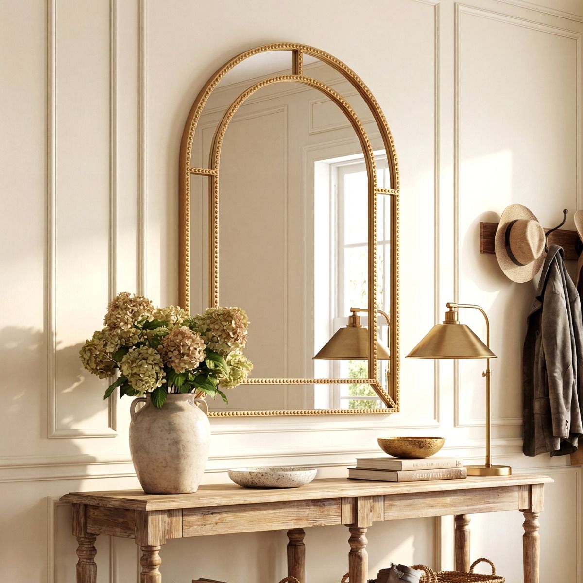 90 x 60 cm Gold Arched Wall Mirror with Beaded Frame