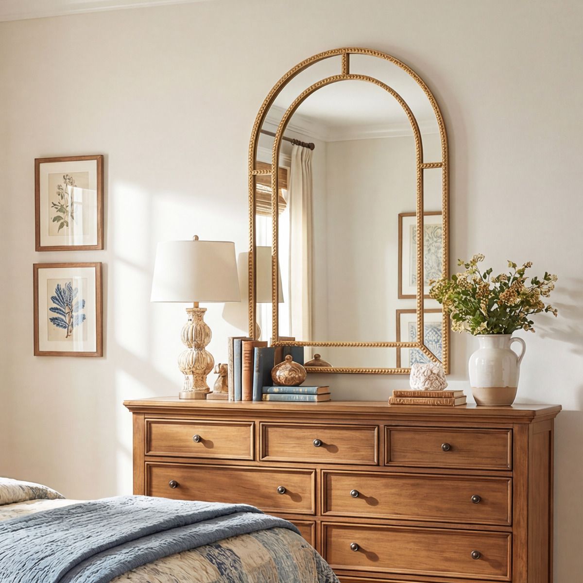 90 x 60 cm Gold Arched Wall Mirror with Beaded Frame