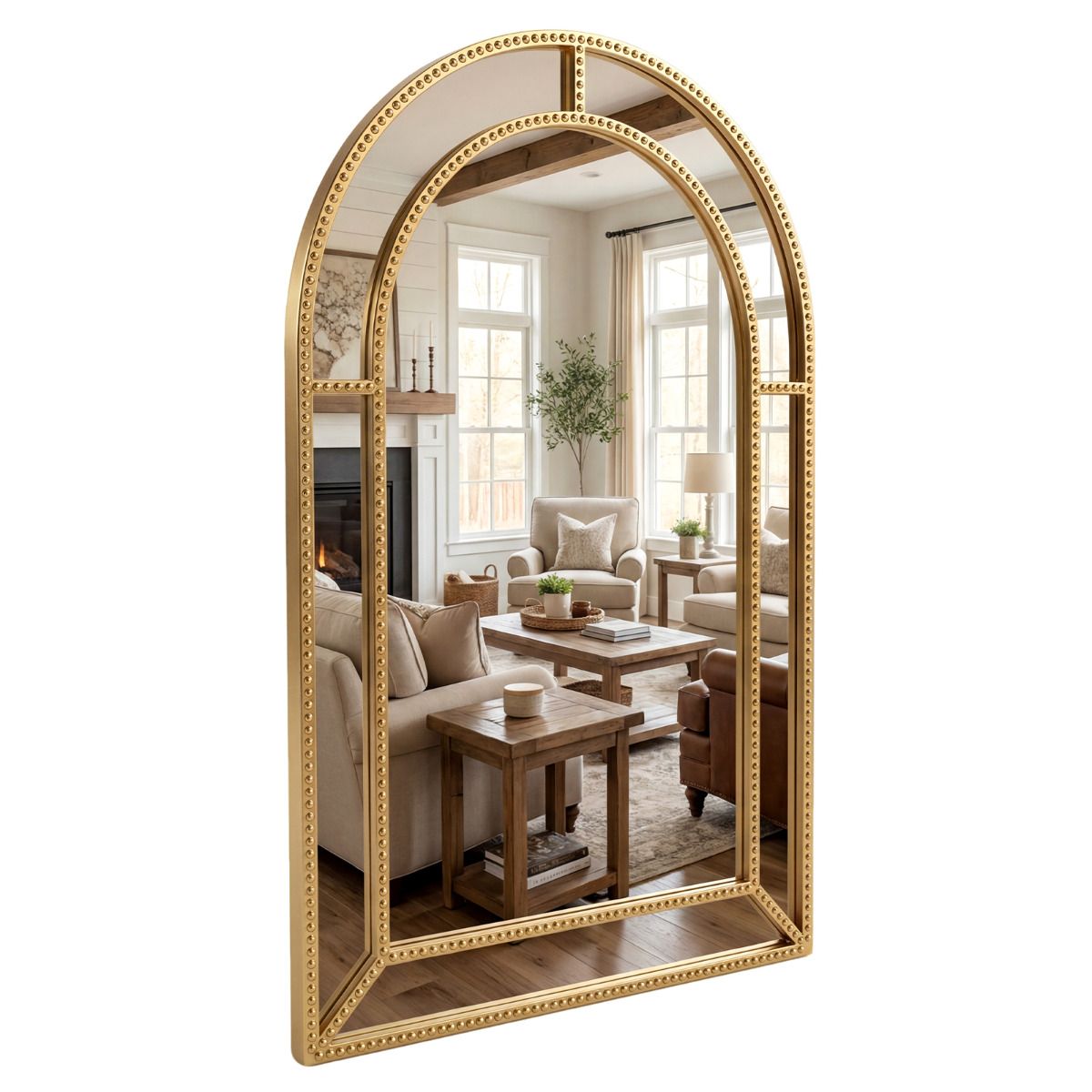 90 x 60 cm Gold Arched Wall Mirror with Beaded Frame