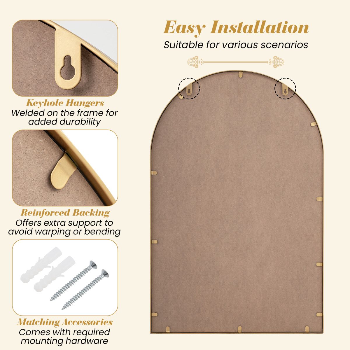 90 x 60 cm Gold Arched Wall Mirror with Beaded Frame