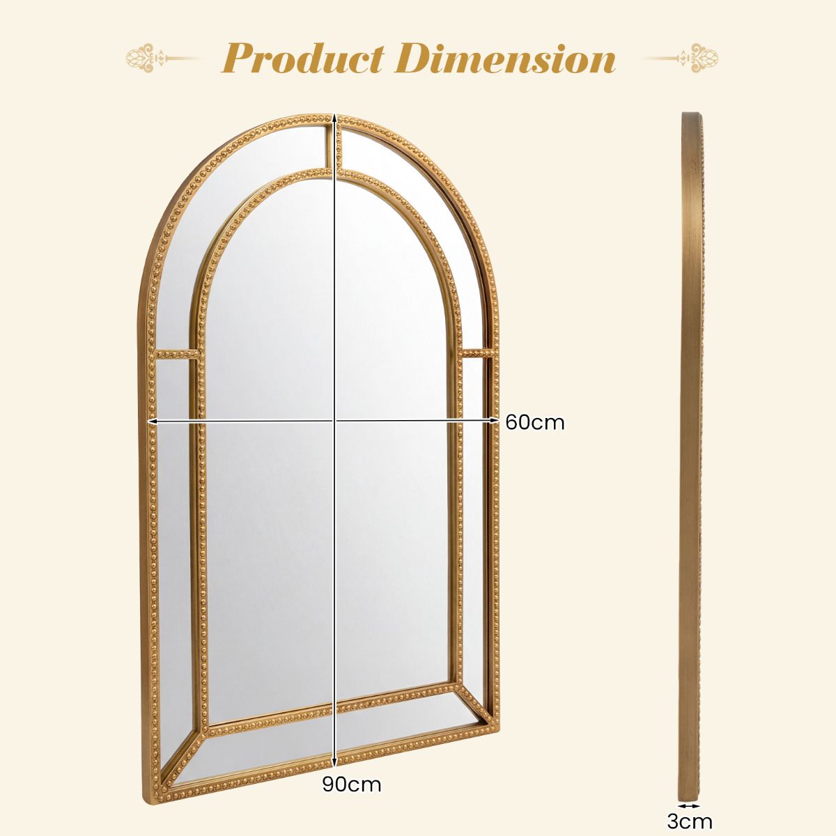 90 x 60 cm Gold Arched Wall Mirror with Beaded Frame
