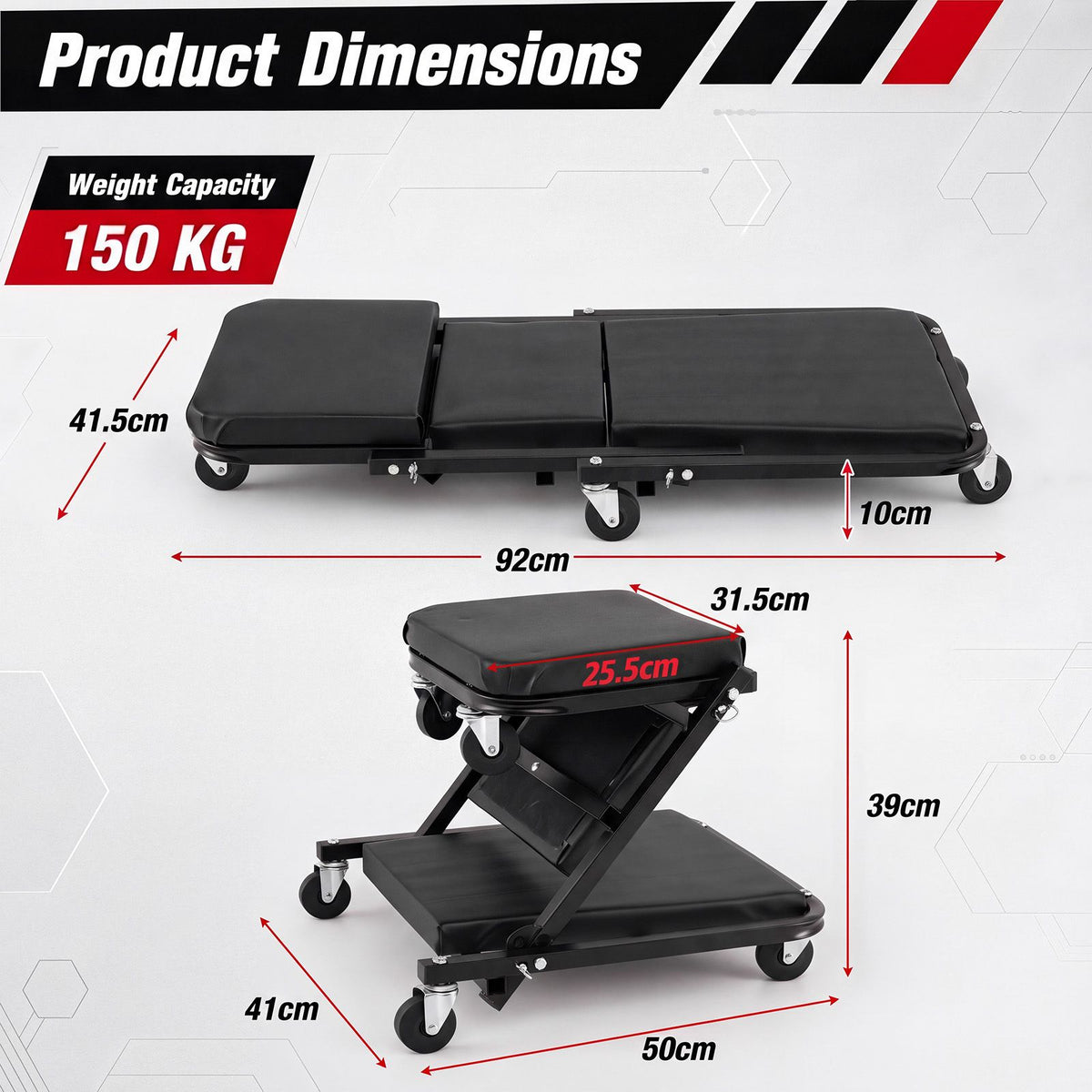 92cm 3-in-1 Folding Mechanic Creeper with 6 Swivel Wheels and Adjustable Seat