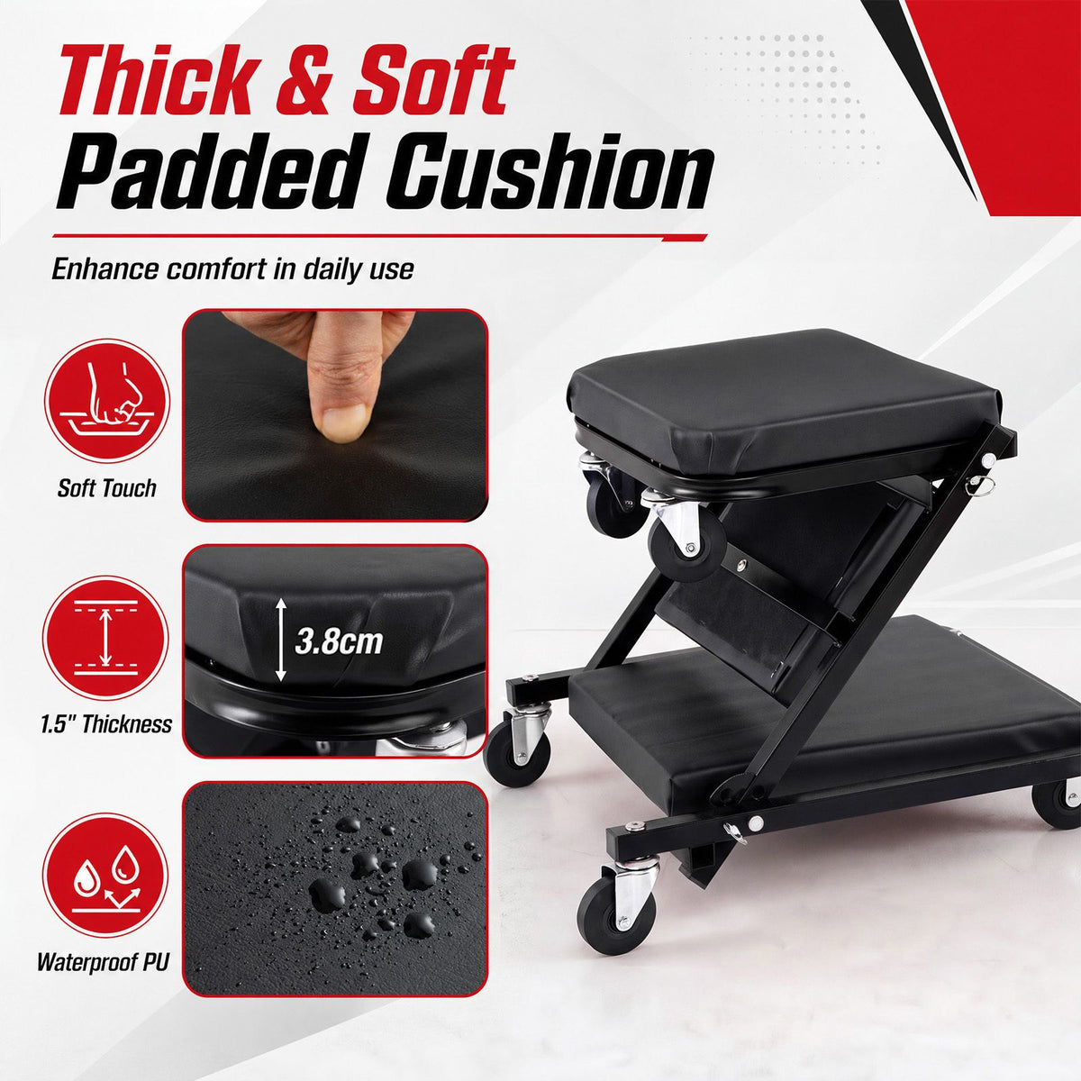92cm 3-in-1 Folding Mechanic Creeper with 6 Swivel Wheels and Adjustable Seat