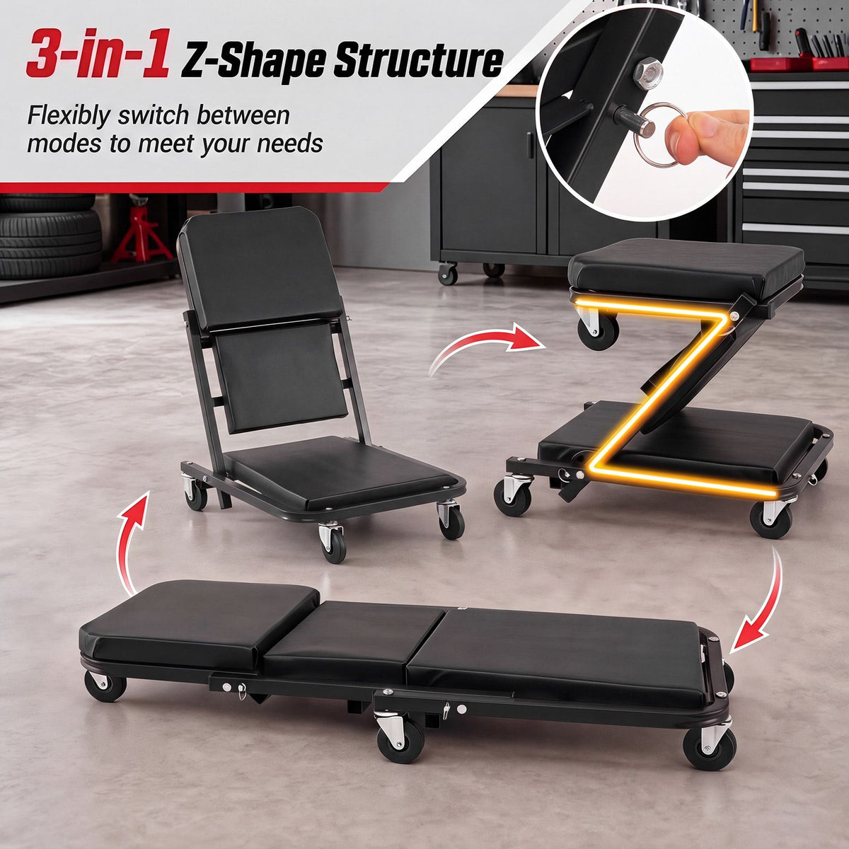 92cm 3-in-1 Folding Mechanic Creeper with 6 Swivel Wheels and Adjustable Seat