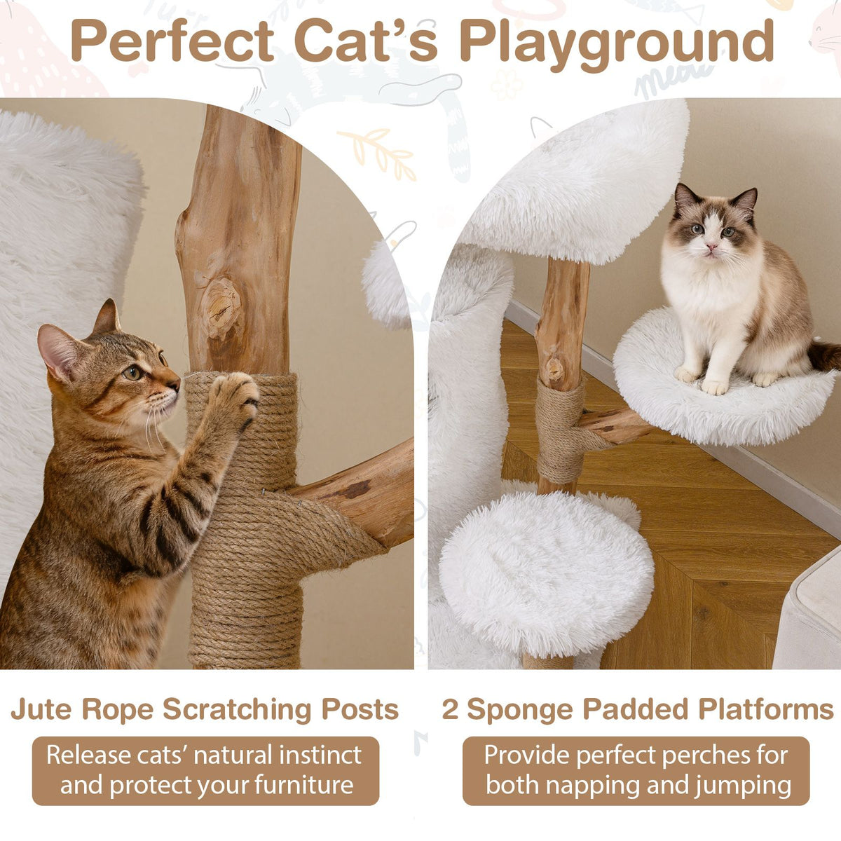 93 CM Cat Tower with Real Wood Branches and Scratching Posts for Indoor Cats