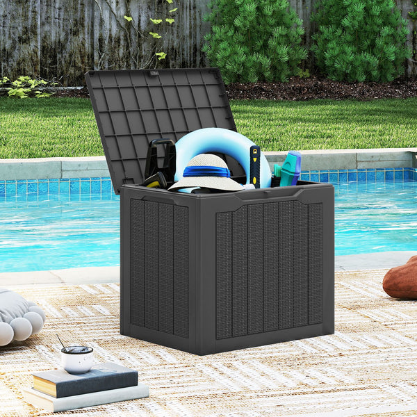 96L Outdoor Storage Box with Lockable Lid and Wicker-woven Texture