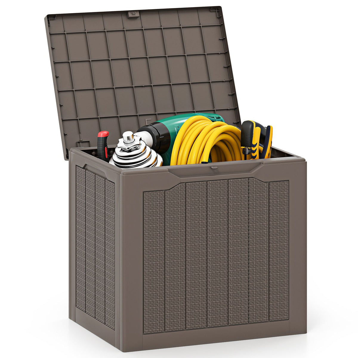 96L Outdoor Storage Box with Lockable Lid and Wicker-woven Texture