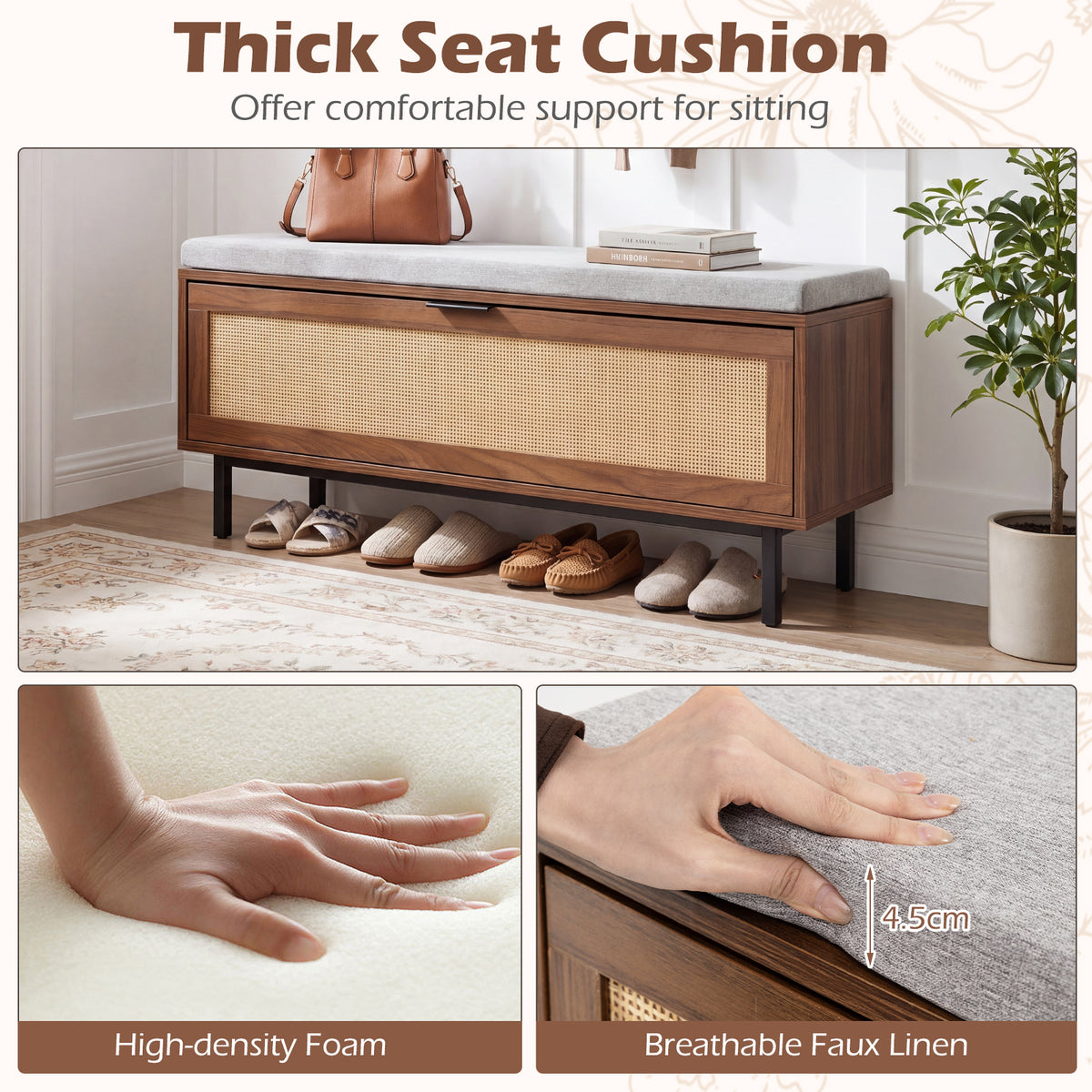 Shoe Storage Bench with Padded Cushion for Hallway Bedroom