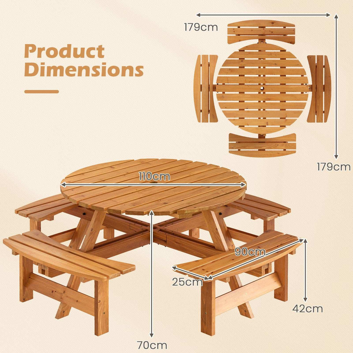 Round Picnic Table Set Patio Dining Camping Table w/ Built-in 4 Benches