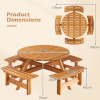 Round Picnic Table Set Patio Dining Camping Table w/ Built-in 4 Benches