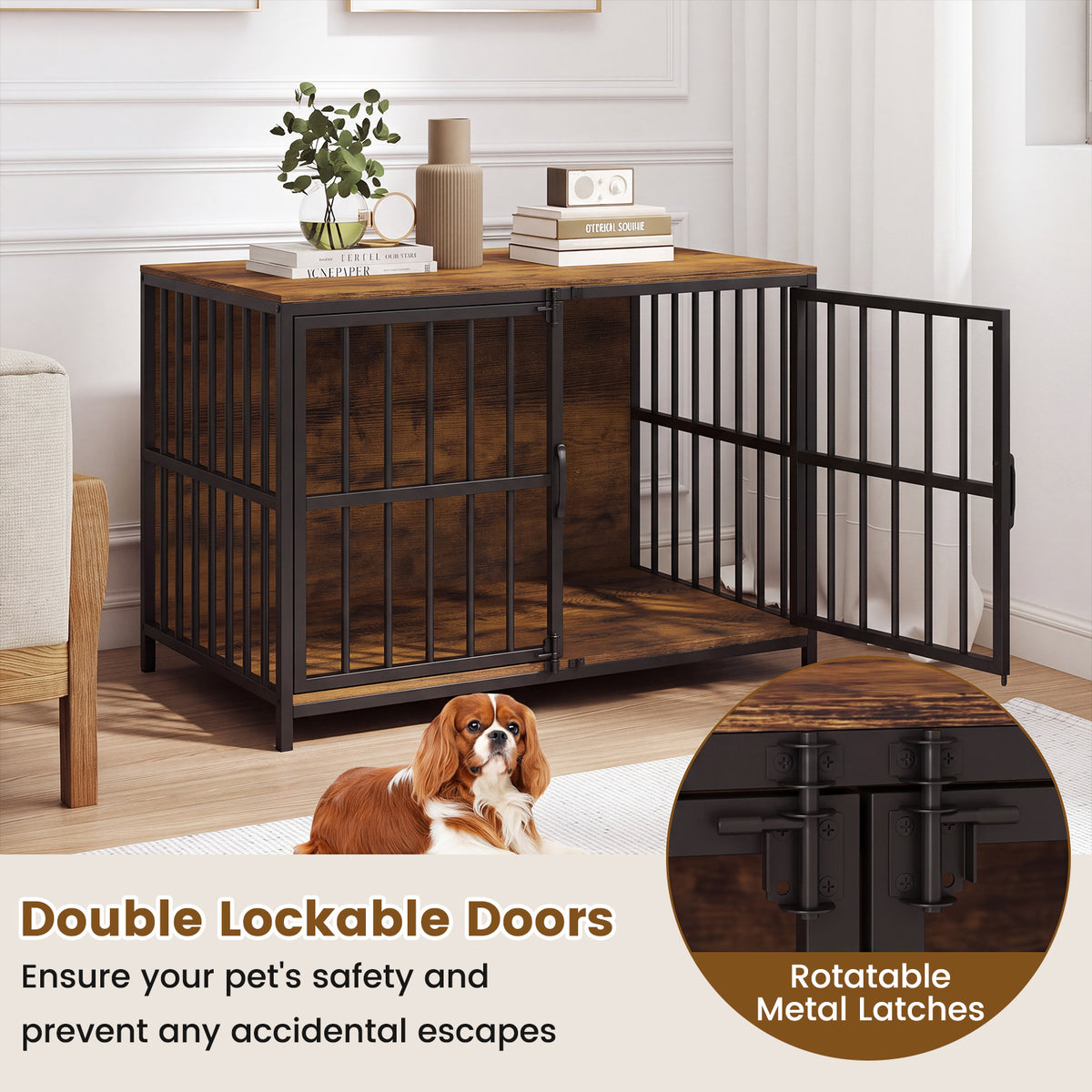 Heavy-duty Dog Crate Furniture, 100 cm Dog Kennel with Dual Lockable Double Doors
