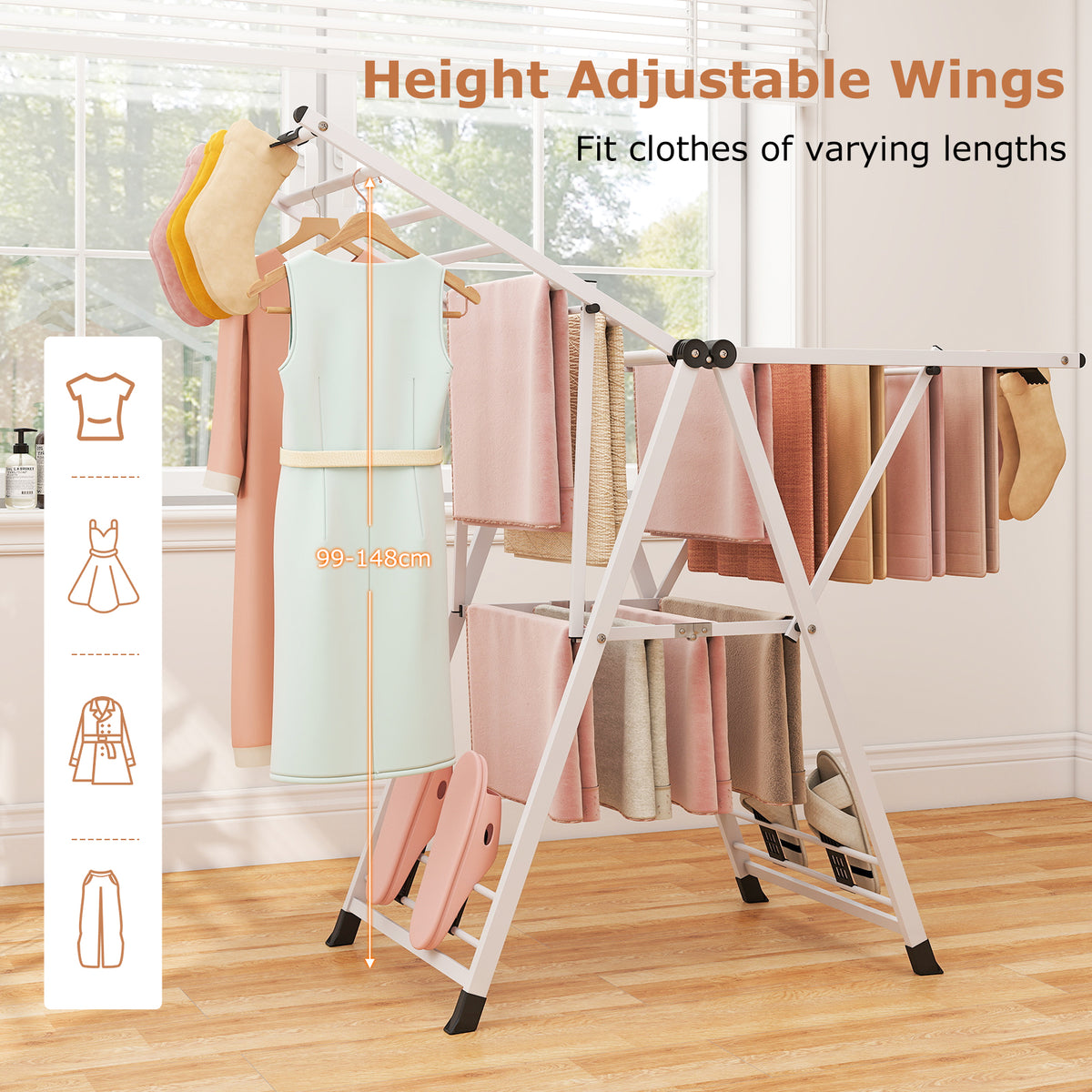 Foldable Metal Laundry Drying Rack with Height Adjustable Wings, 16 Drying Rails