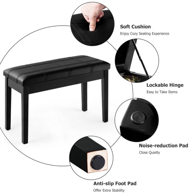 PU Leather Piano Bench with Padded Cushion and Music Storage