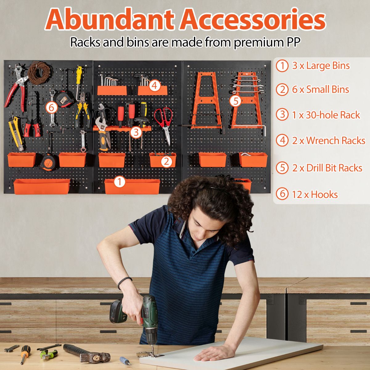 9-Bin Parts Rack Organizer with Hammer Racks and Tool Holders