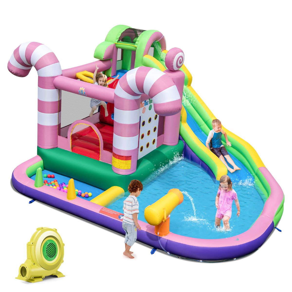 Inflatable Water Slide, Wet Dry Inflatable Water Park Jumping Castle w/Long Slide, Splash Pool (Without Blower)