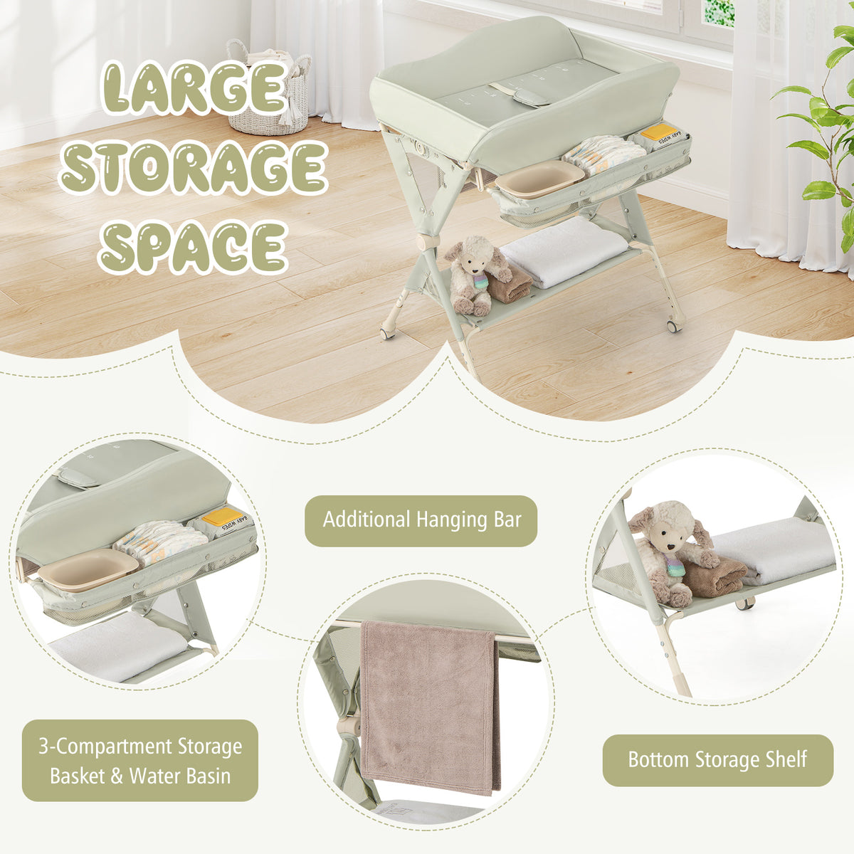 Baby Changing Table, Foldable Diaper Changing Station w/ Water Basin