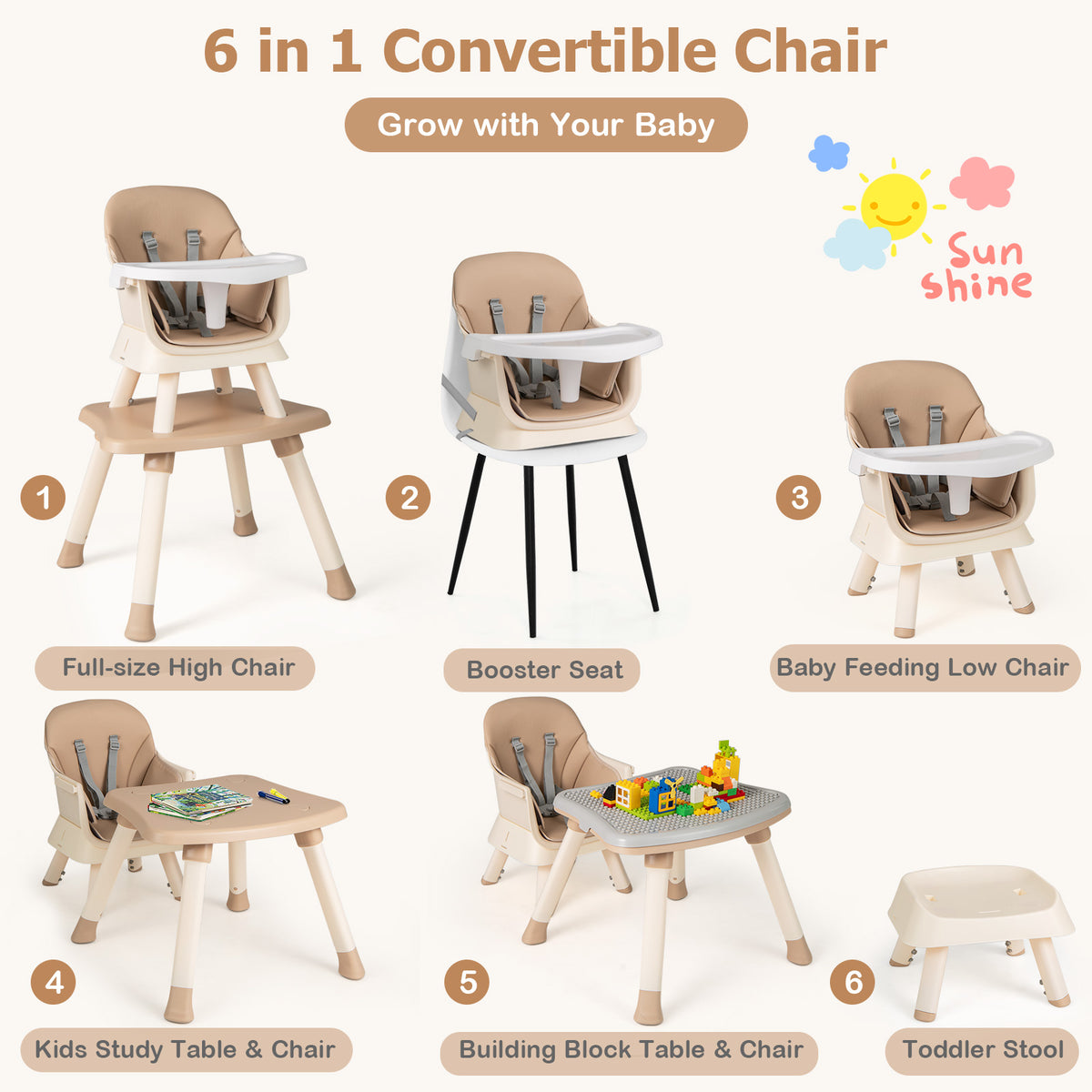 8 in 1 Baby Highchair, Convertible High Chair for Infants w/Adjustable & Washable Tray