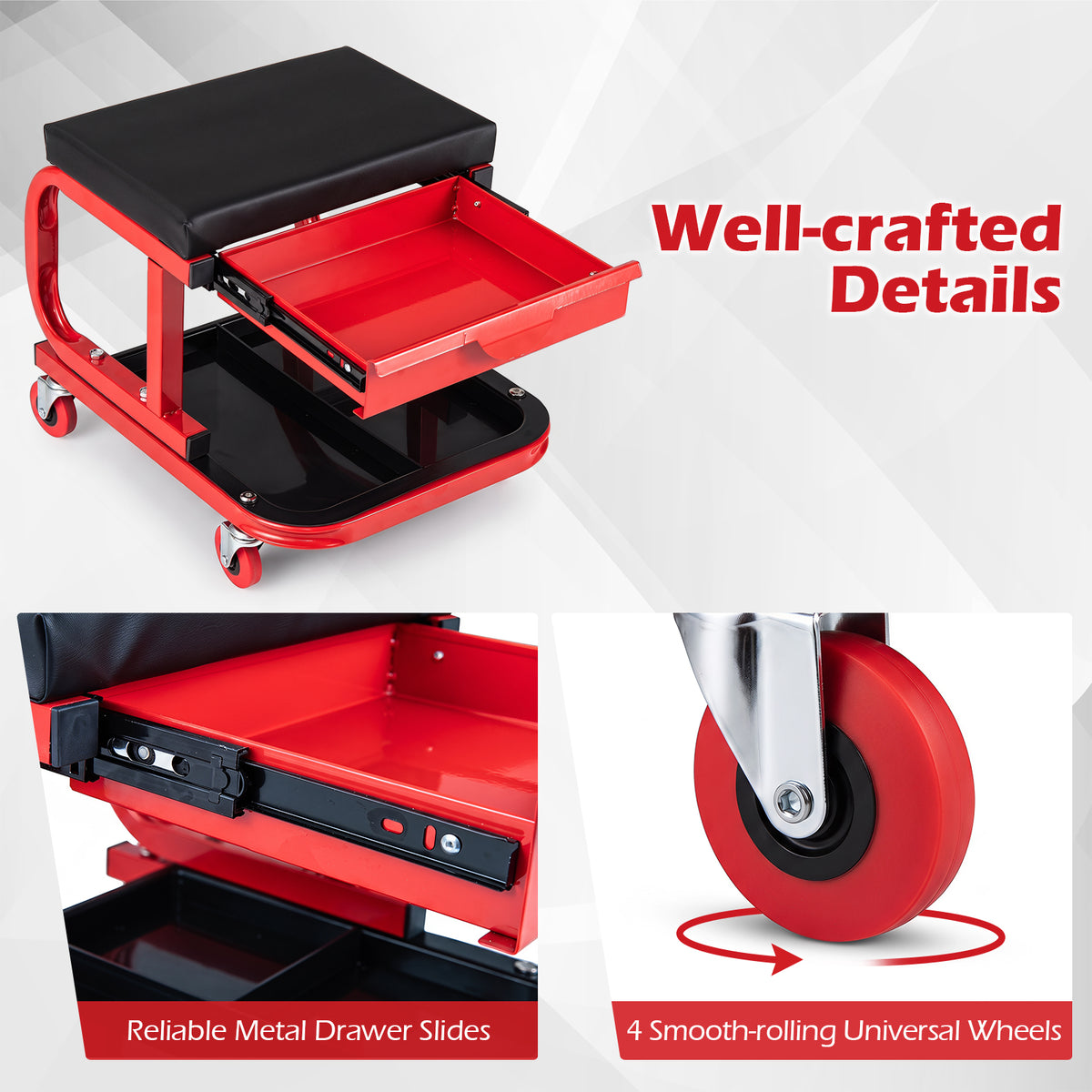 Mechanic Rolling Stool with Tool Trays and Magnetic Drawer