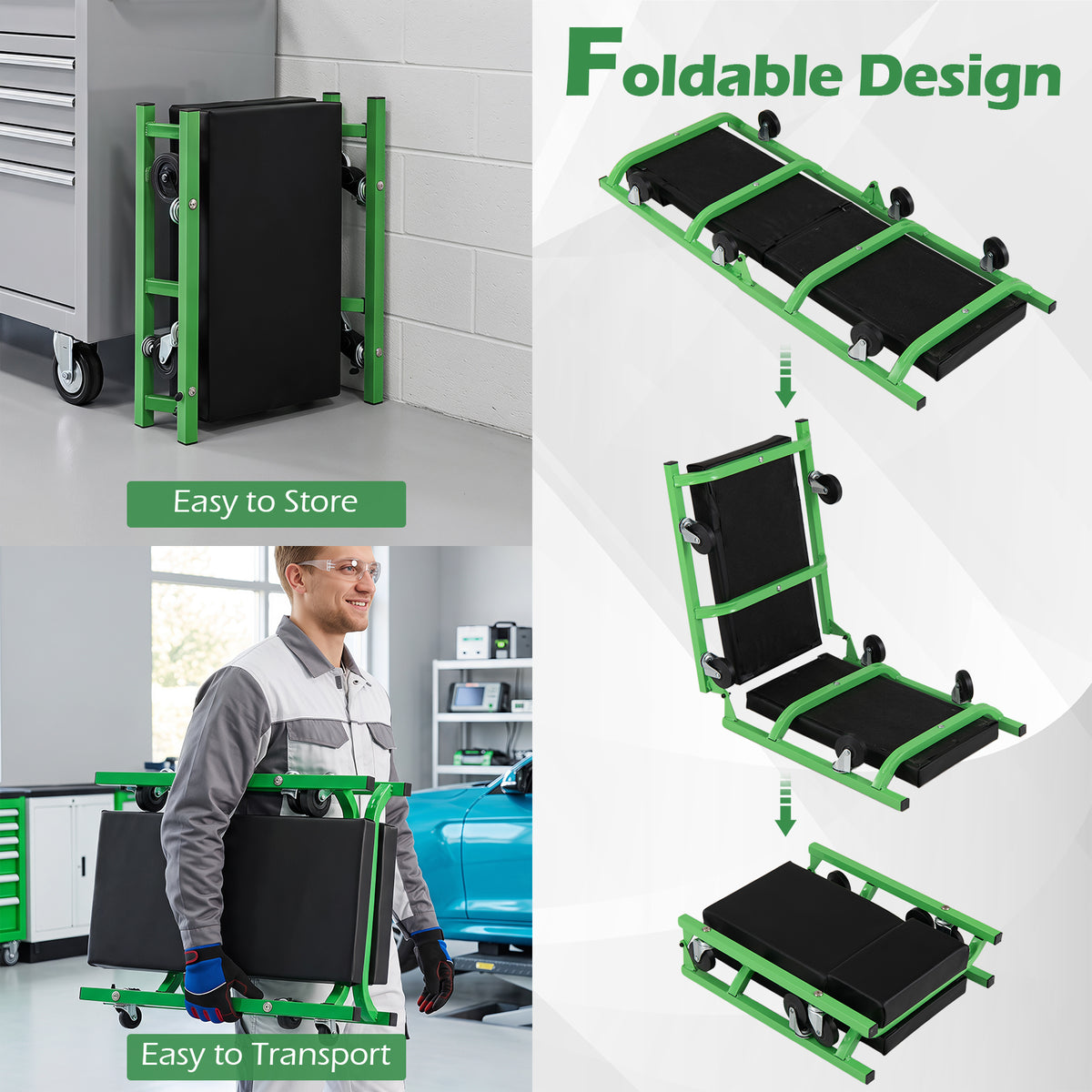 Foldable Automotive Creeper with 360° Swivel Wheels