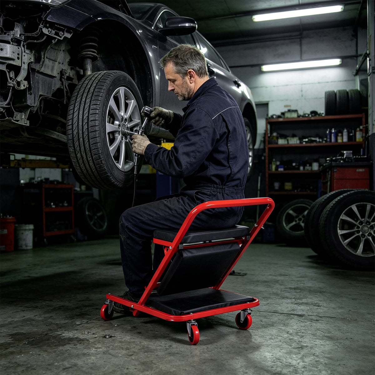4-In-1 Padded Z Garage Seat with 6 Wheels Lay Down or Sit