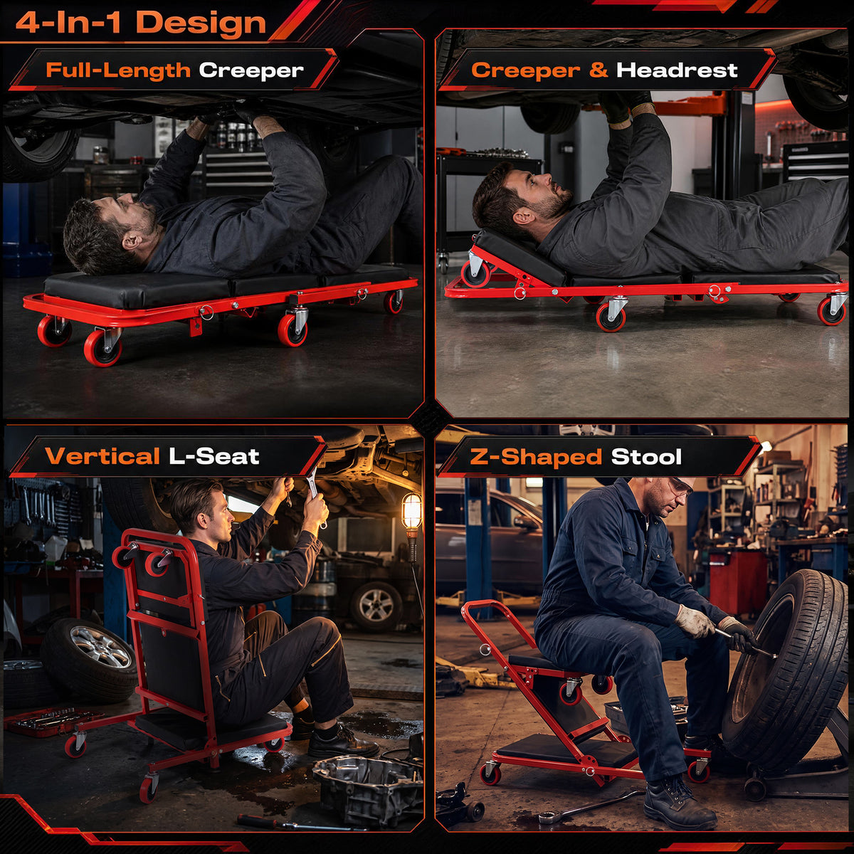 4-In-1 Padded Z Garage Seat with 6 Wheels Lay Down or Sit