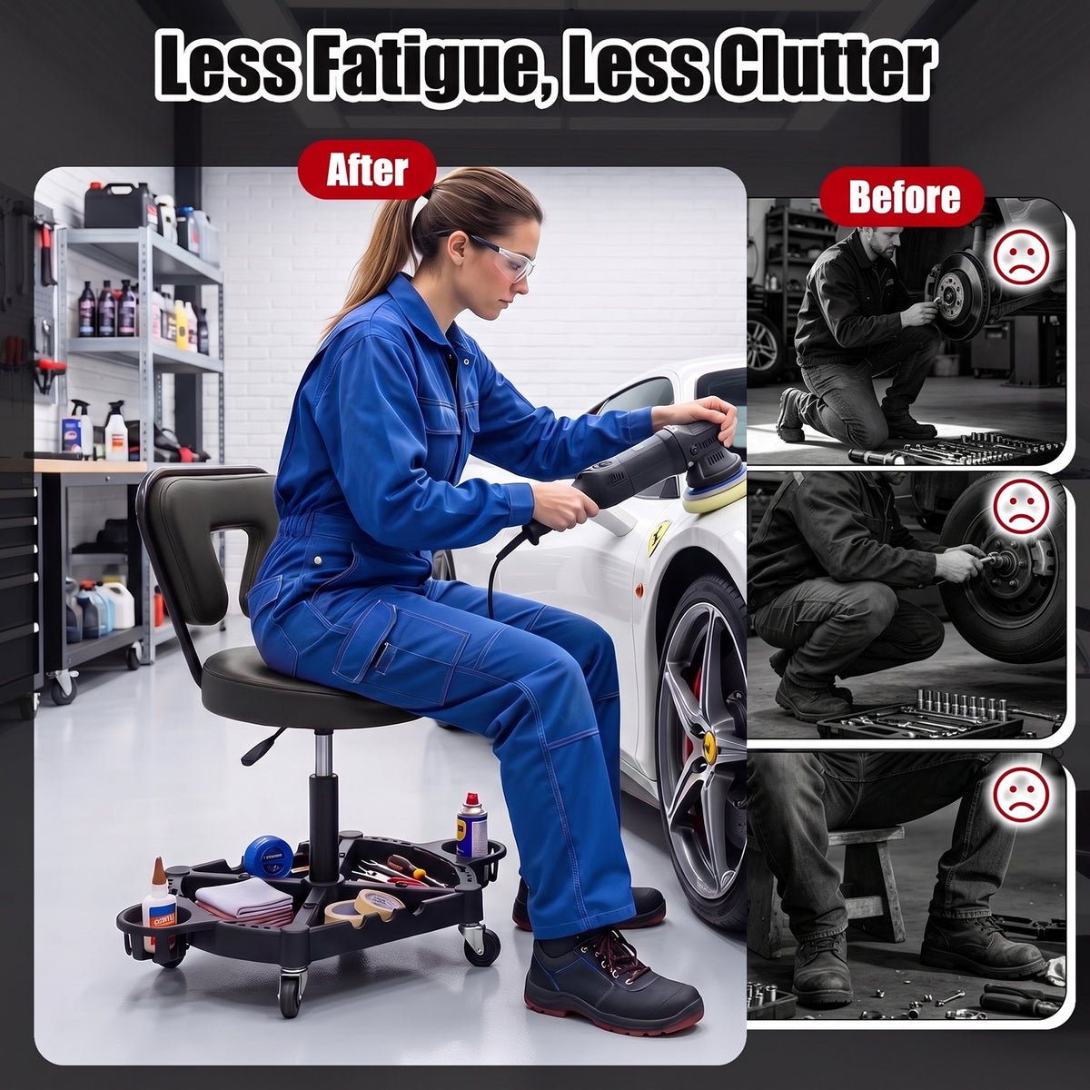 Rolling Garage Mechanic Stool with Tool Tray Storage and Backrest