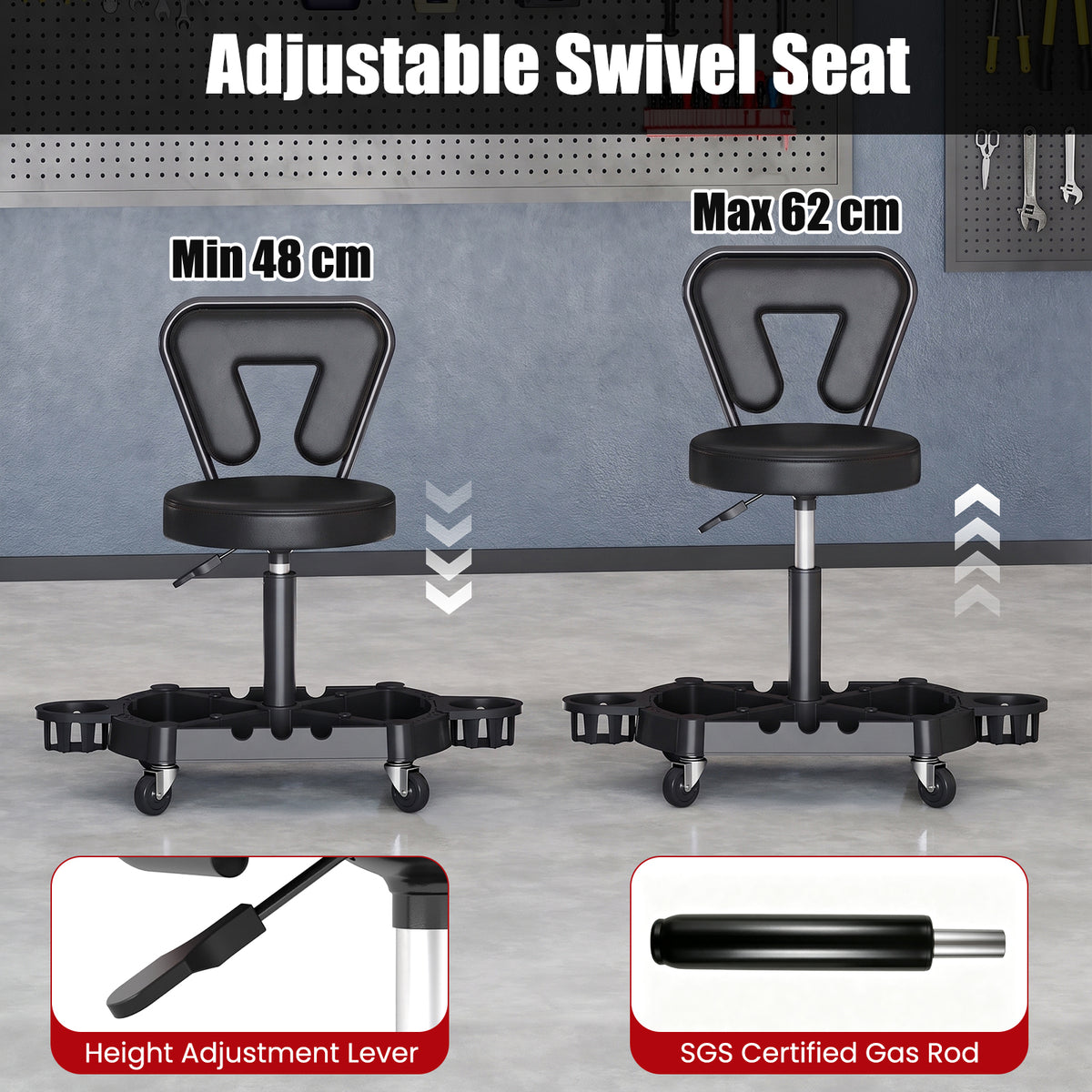 Rolling Garage Mechanic Stool with Tool Tray Storage and Backrest
