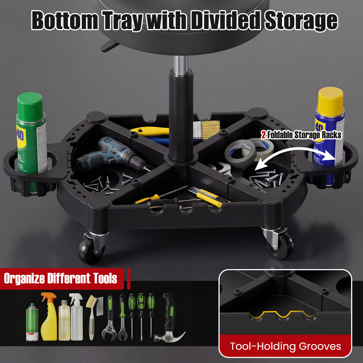 Rolling Garage Mechanic Stool with Tool Tray Storage and Backrest
