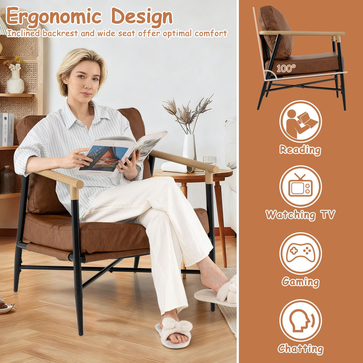 PU Leather Accent Chair with Removable Back Pillow and Sturdy Metal Frame