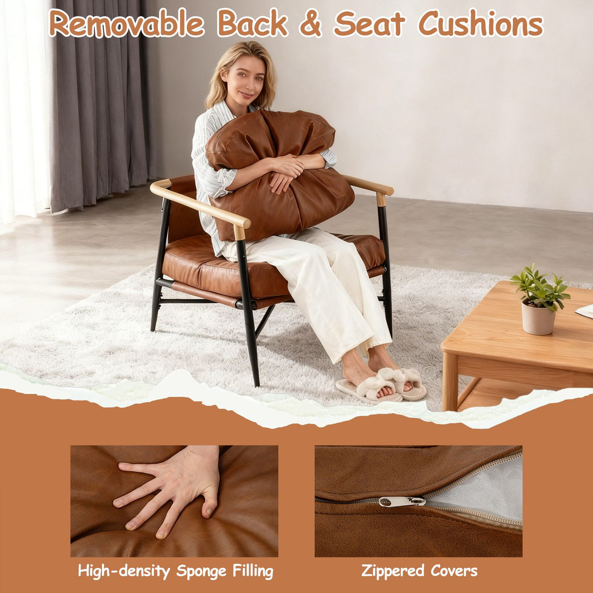 PU Leather Accent Chair with Removable Back Pillow and Sturdy Metal Frame