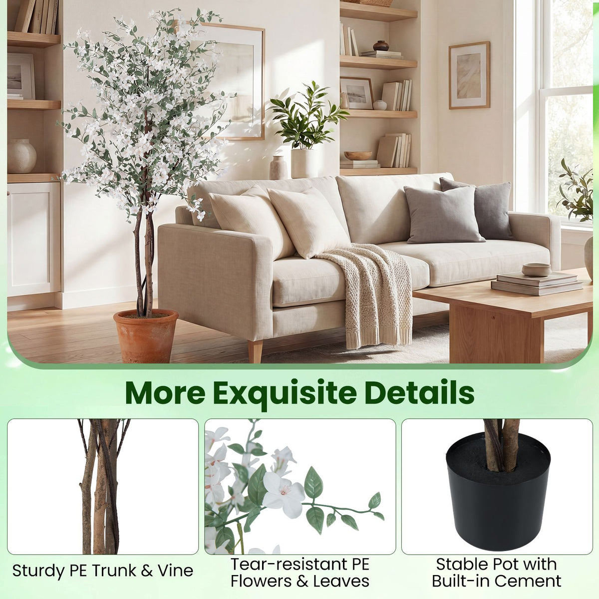 Artificial Potted Tree 163CM Tall with Solid Wood Trunk and PE Leaves