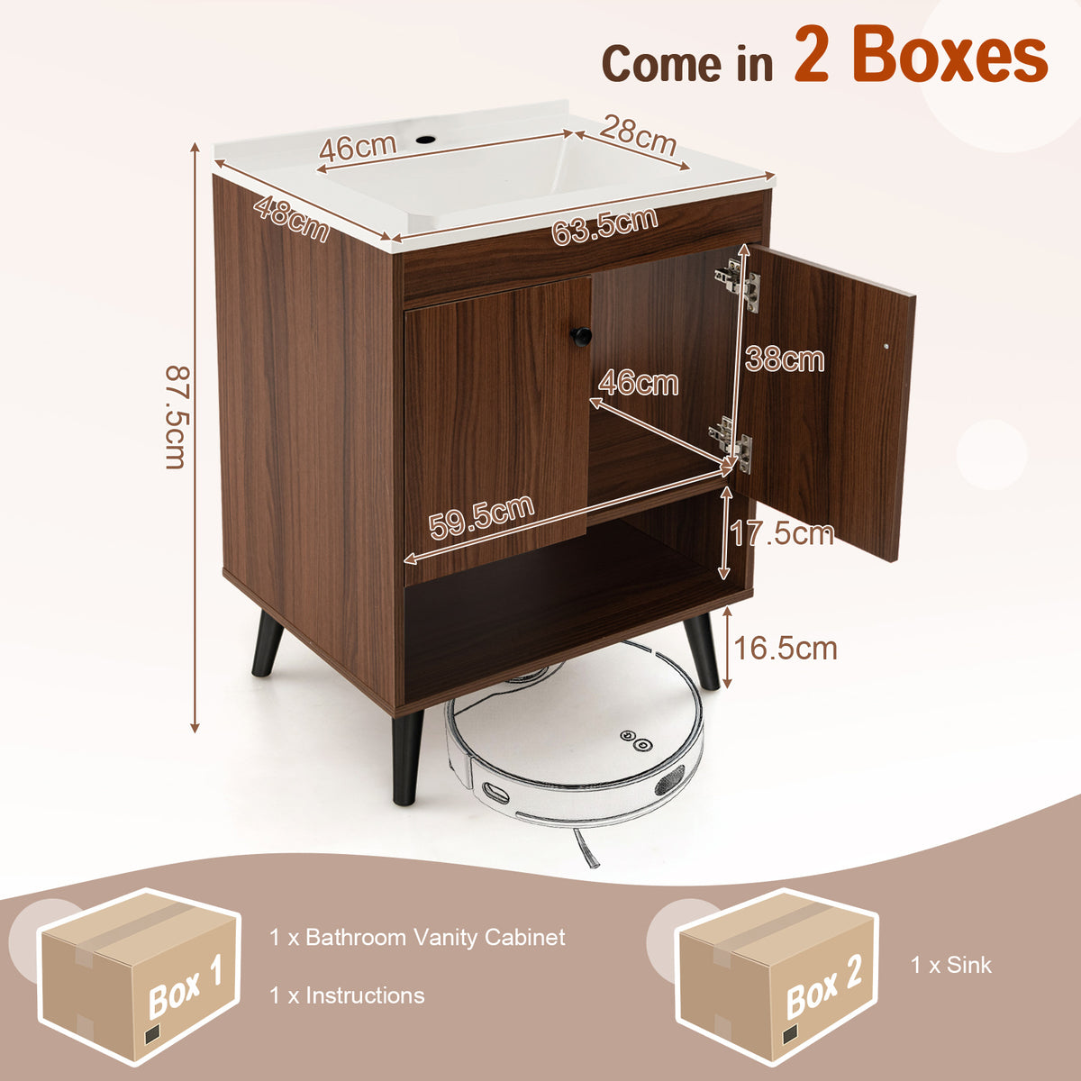 63.5cm Bathroom Vanity Sink Combo w/Doors Shelf Backsplash