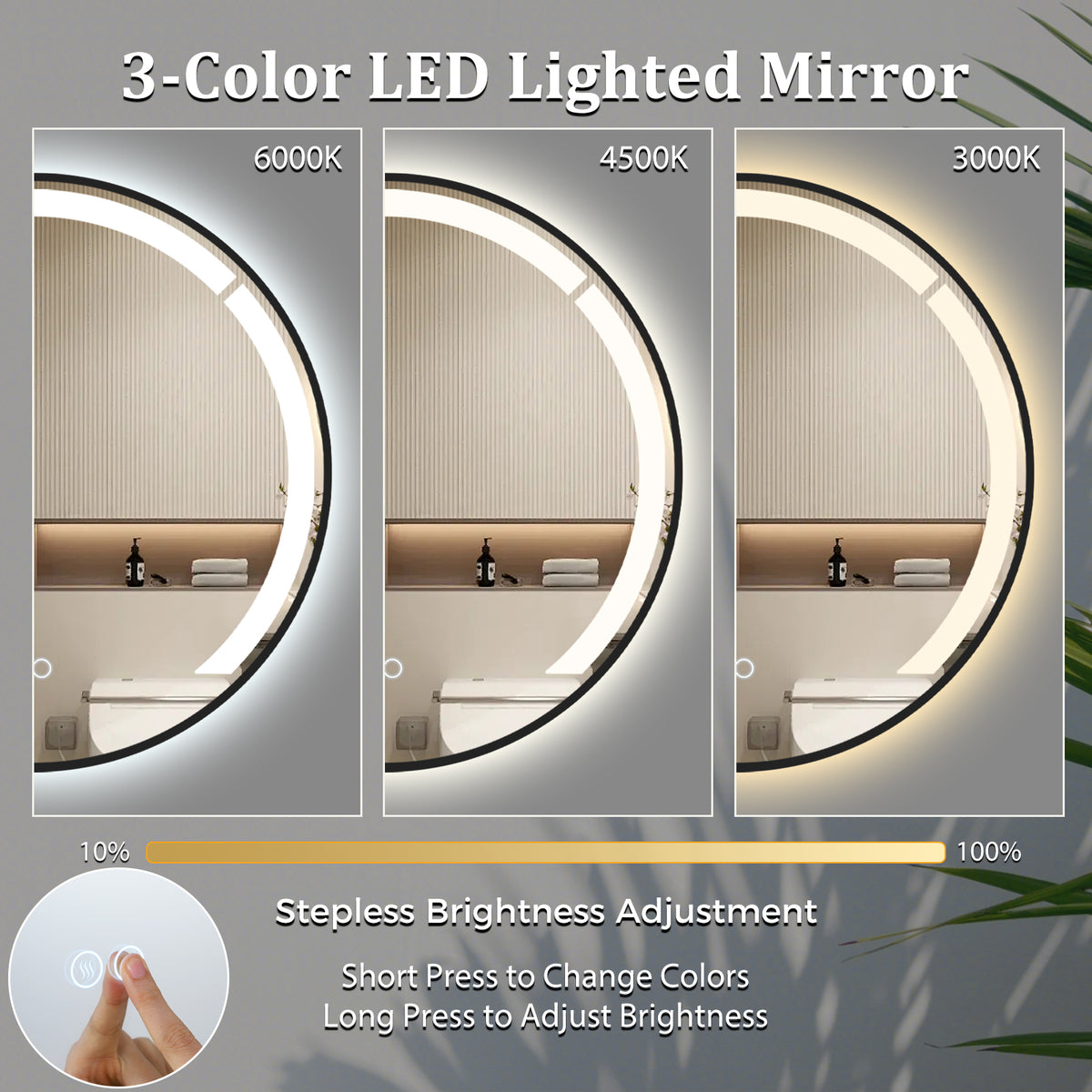 Aluminum Framed Circle Vanity Mirror with Anti-Fog Function and 3 Light Colors