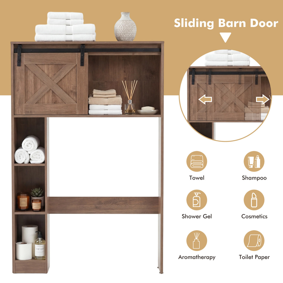 Giantex Over The Toilet Storage Cabinet, Freestanding Bathroom Organizer with Sliding Barn Door & Storage Shelves