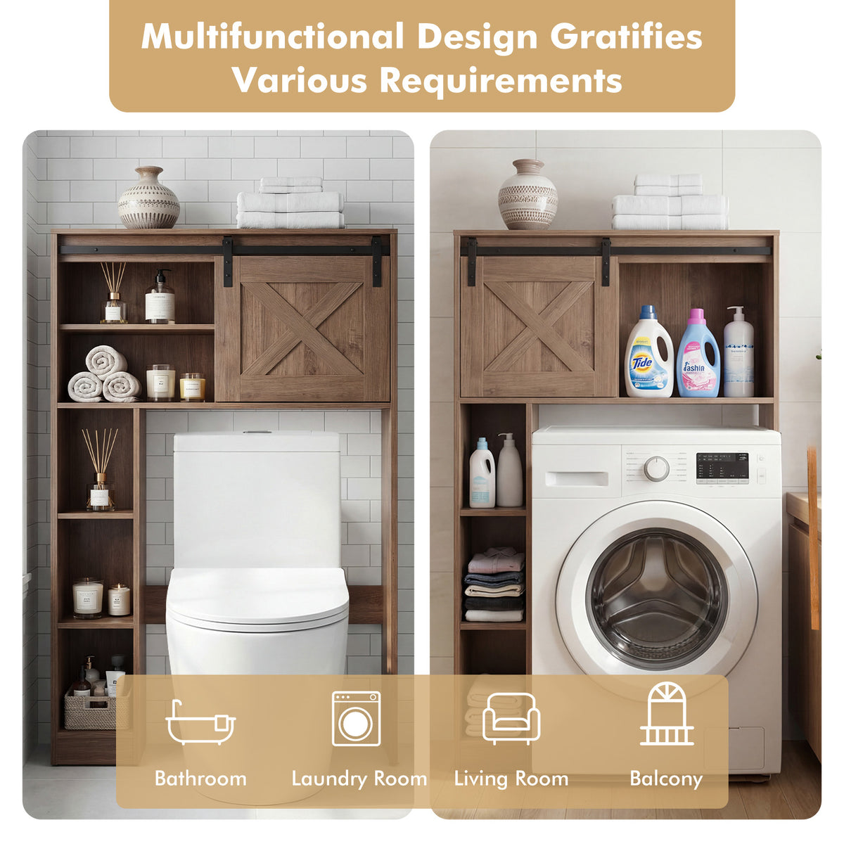 Giantex Over The Toilet Storage Cabinet, Freestanding Bathroom Organizer with Sliding Barn Door & Storage Shelves