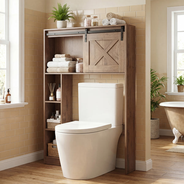 Giantex Over The Toilet Storage Cabinet, Freestanding Bathroom Organizer with Sliding Barn Door & Storage Shelves