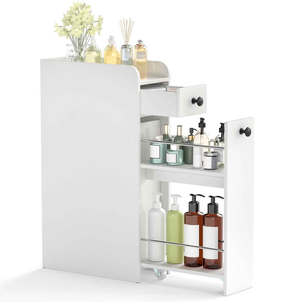 Giantex Slim Storage Cabinet, Narrow Bathroom Cabinet w/Slide Out Drawer & Spacious Top