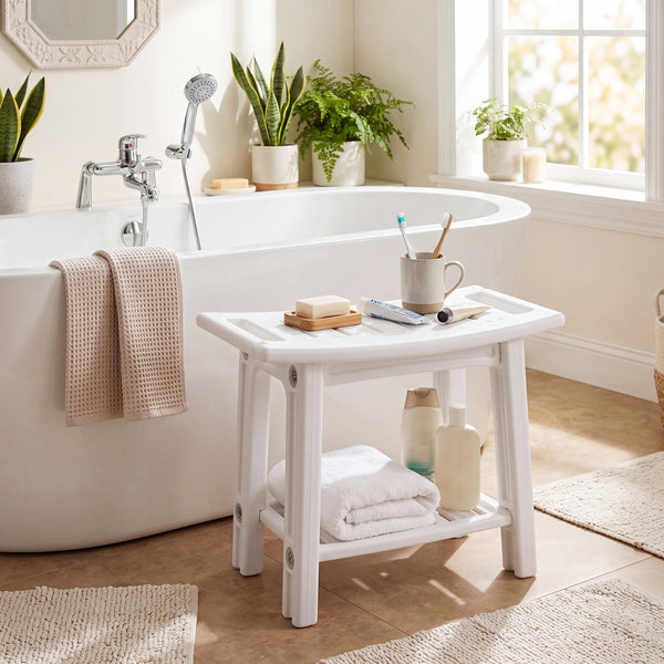 HDPE Shower Chair with Storage Shelf Handles and Shower Head Holder